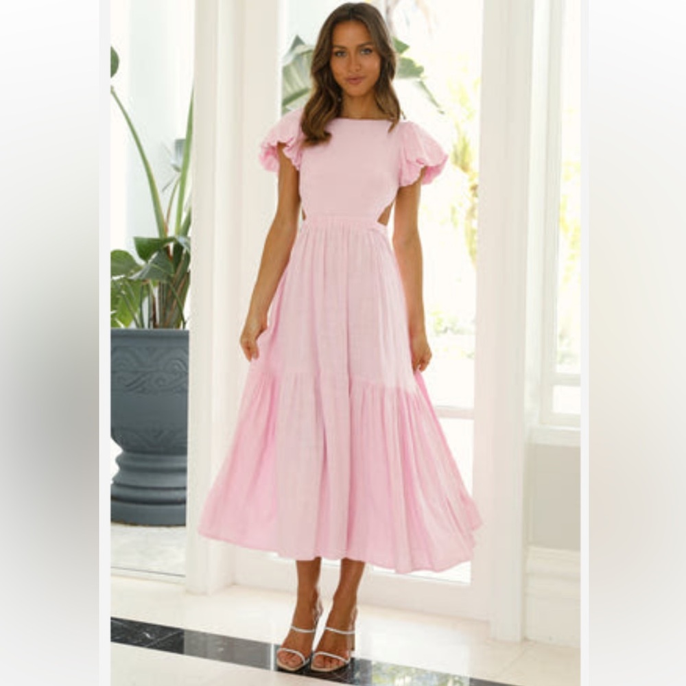 Hello Molly long pink dress with puffy sleeves and open back detail